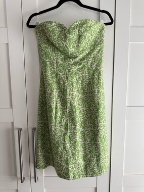 J. Crew Strapless Green and White Patterned Cocktail Dress